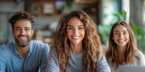 Fototapeta premium Smiling Team of Three Individuals in an Elegant Office Setting