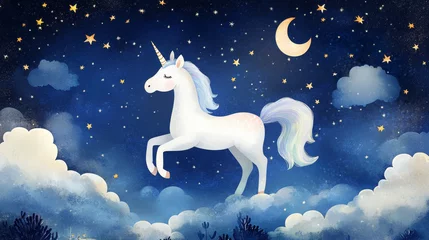 Cute unicorn with moon, star and cloud night sky vector scene. Baby dream wallpaper with crescent and flying pony kids illustration. Blue magic fantasy landscape for nursery or website banner.