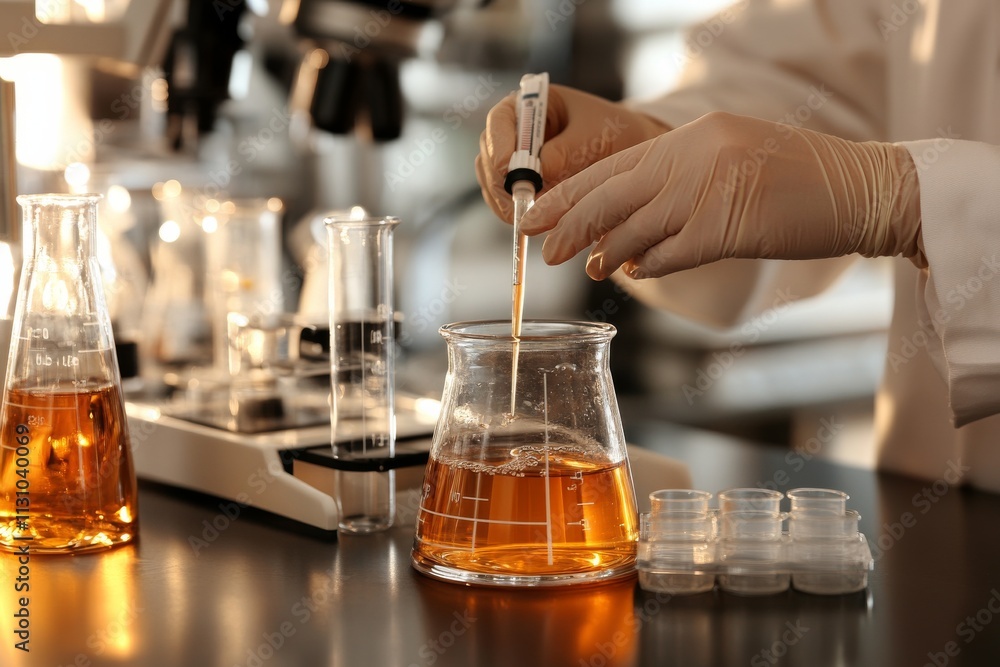 Poster scientist conducts an experiment with a pipette in a modern laboratory during daylight hours