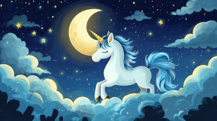 Cute unicorn with moon, star and cloud night sky vector scene. Baby dream wallpaper with crescent and flying pony kids illustration. Blue magic fantasy landscape for nursery or website banner.