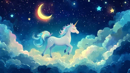 Cute unicorn with moon, star and cloud night sky vector scene. Baby dream wallpaper with crescent and flying pony kids illustration. Blue magic fantasy landscape for nursery or website banner.