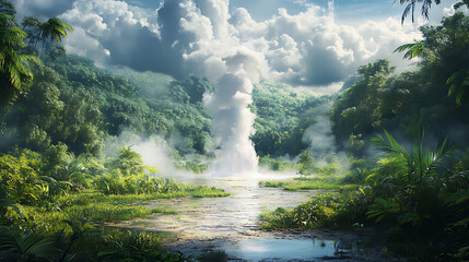 Steaming geyser surrounded by lush greenery, creating a contrast of textures and colors under a partly cloudy sky
