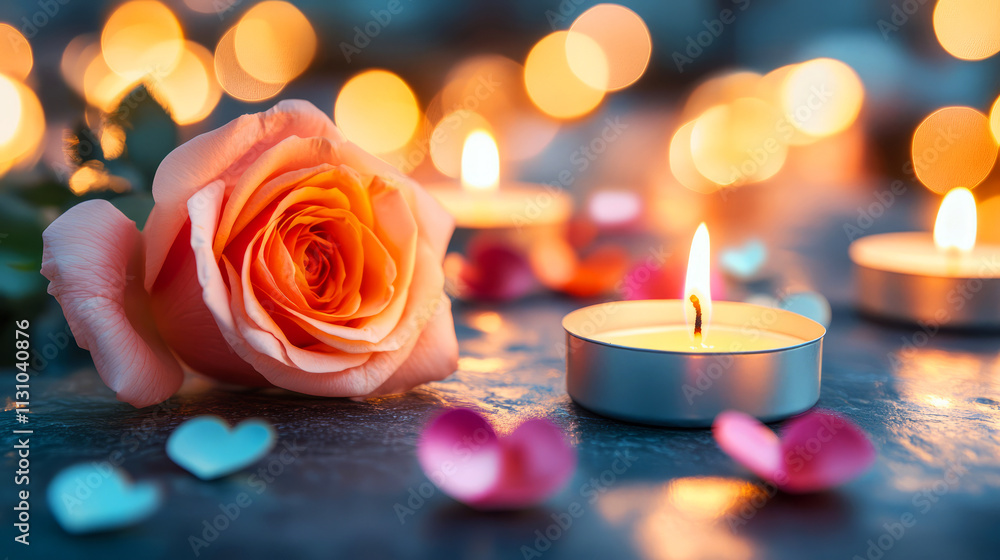 Poster romantic rose and candlelight on a soft surface for intimate evening setting