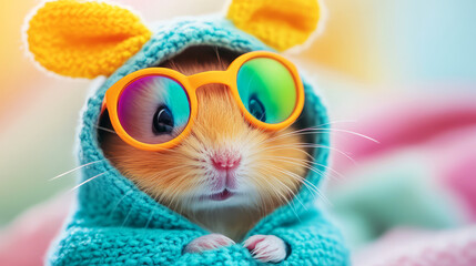 Fototapeta premium Cute hamsters in colorful hoodie and funky sunglasses, playful pet photography moment
