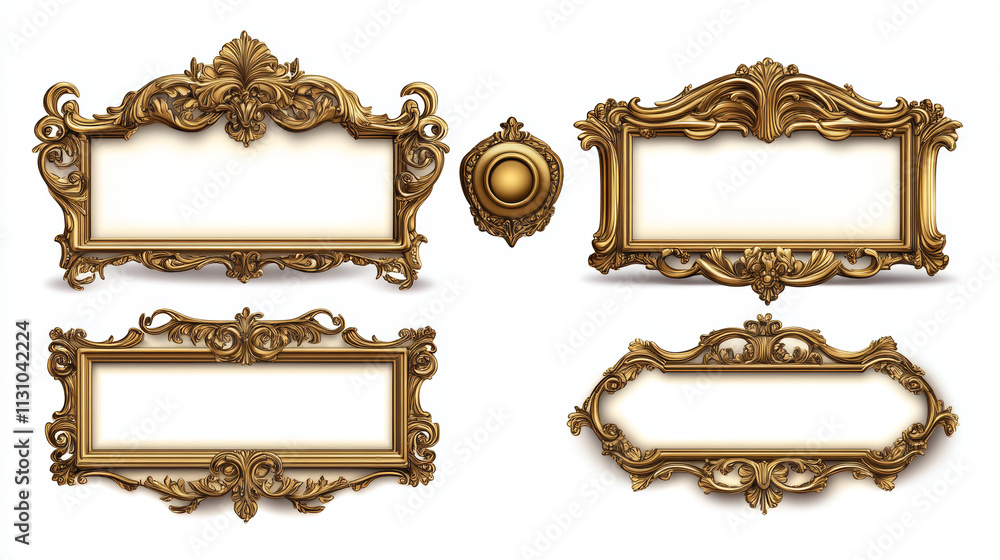 Poster game ui long button with thin gold frame. rectangular medieval border with golden metal ornament for