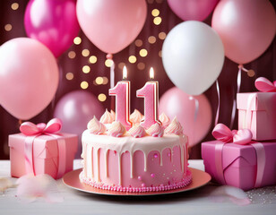 A pink drip cake decorated with number "11" candles is surrounded by pink and white balloons and wrapped gifts against a sparkly bokeh background.