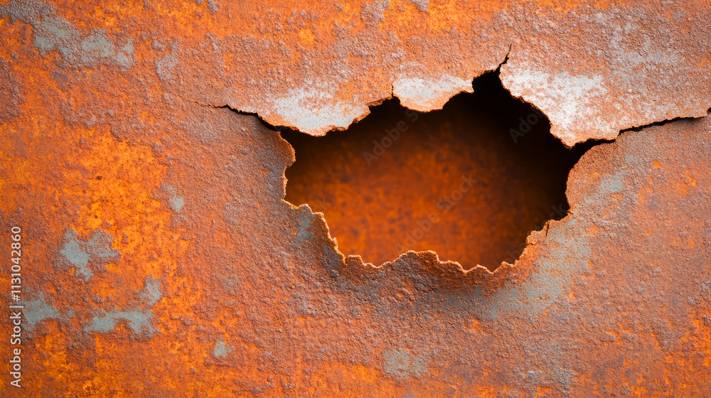Poster textured close-up of corroded metal with rust and a missing section revealing underlying surface