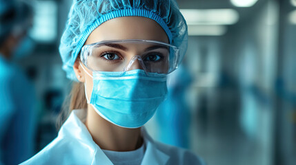 Healthcare professional in mask and goggles prepares for patient care in modern medical facility. Generative AI