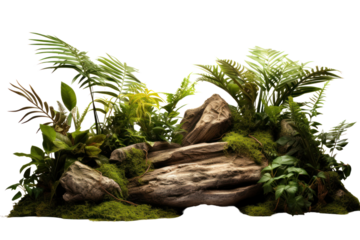 A serene jungle scene featuring a mix of tropical plants, including ferns and moss-covered stones, creating a lush natural setting isolated on white background