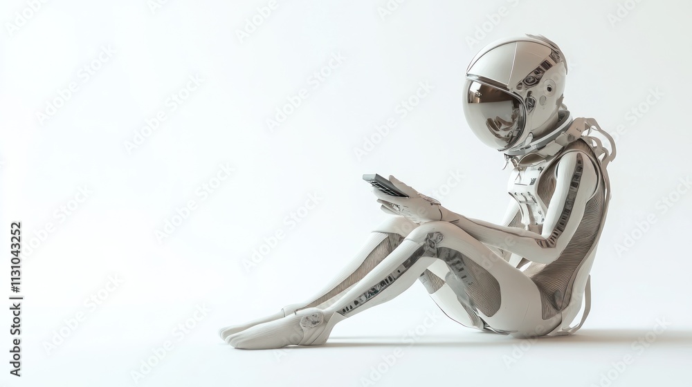 Poster a humanoid robot in a spacesuit sits and interacts with a device, blending technology and leisure.