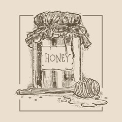 Honey with honey spoon, illustration in medieval engraving style