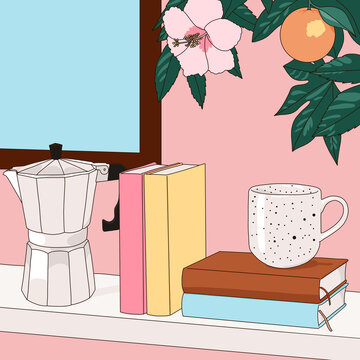 Coffee, Books, and Flowers on a Pink Background Illustration