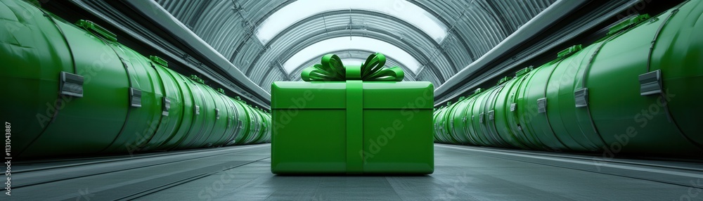 Poster a vibrant green gift box with a large bow sits in a futuristic corridor lined with cylindrical conta