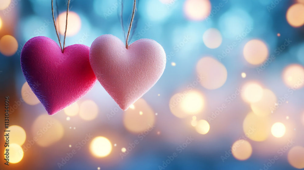 Poster pink and red soft hearts hanging on strings against a dreamy background with sparkling lights