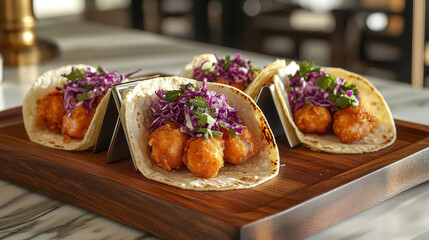 Delicious fish tacos served on a wooden platter with colorful toppings at a casual dining setting. Generative AI