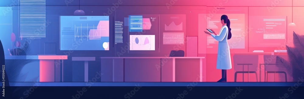 Poster A scientist in a lab, analyzing data on screens in a colorful, modern environment.