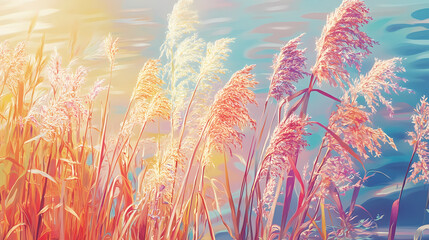 Obraz premium A tapestry of colors as various types of motley grasses burst into bloom along a sun-kissed riverbank, riverbank flora, natural beauty, grasses in bloom. Tapestry. Illustration