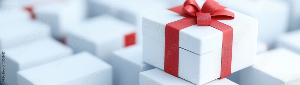 Poster a close-up of a gift box with a red ribbon, surrounded by many similar white boxes, creating a festi