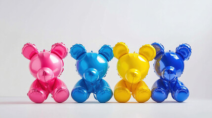 Colorful balloon animal figures arranged in a row showcasing playful designs and bright colors....