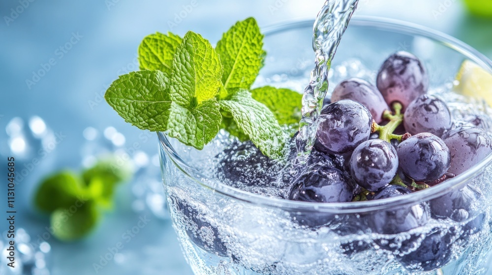 Poster a refreshing drink with grapes and mint, showcasing bubbles and a splash of water.