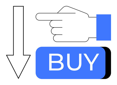 Hand pointing towards a Buy button accompanied by a downward arrow, highlighting the purchase call-to-action. Ideal for e-commerce, online shopping, digital marketing, UIUX design, advertisements
