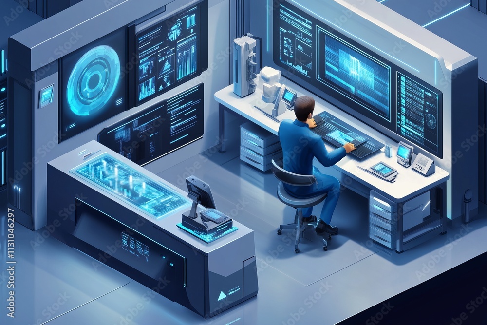Poster a man is sitting at a desk in front of a computer monitor