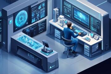 Fototapeta premium A man is sitting at a desk in front of a computer monitor