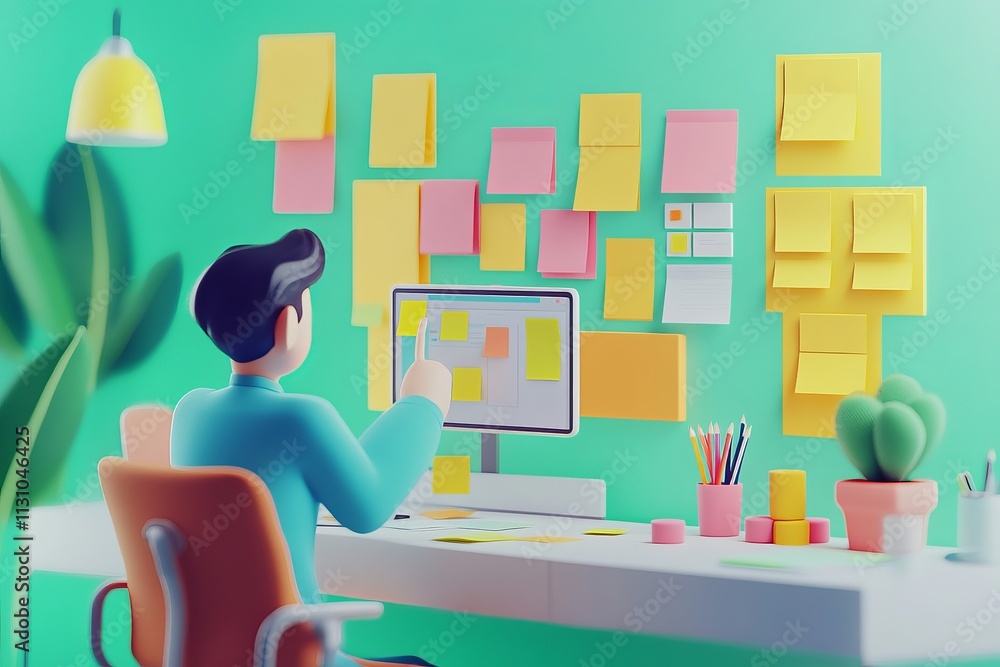 Poster a man is sitting at a desk with a computer monitor