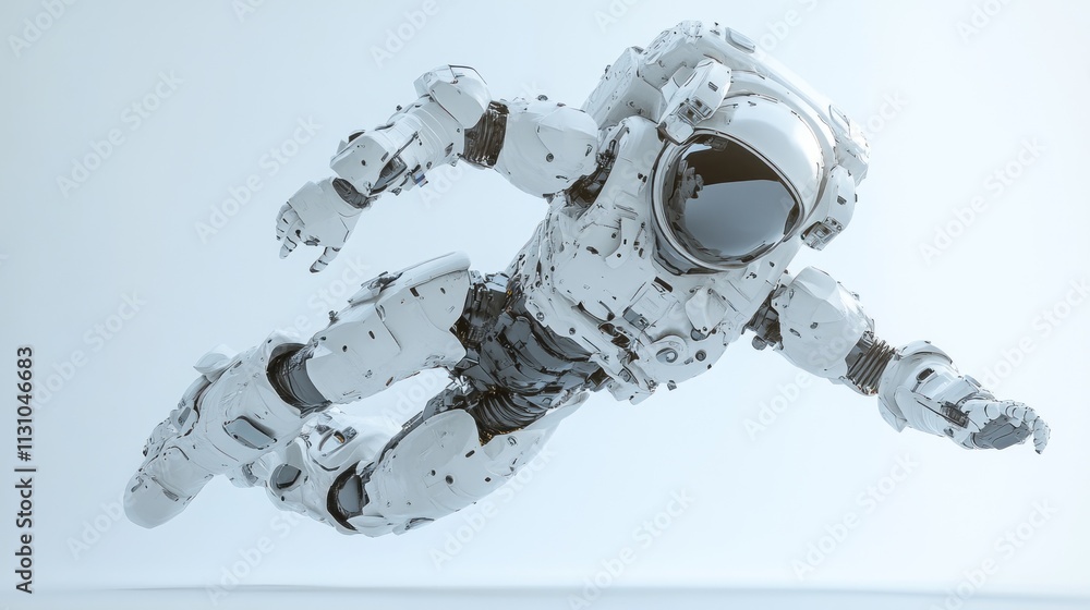 Poster a futuristic robotic astronaut floating in a minimalist space environment.