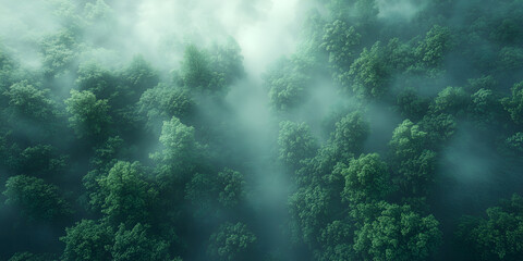 Fototapeta premium misty morning in the lush forest, top-down view, aerial, heavenly