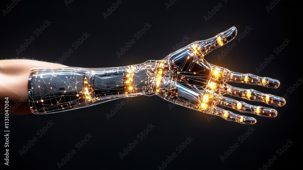 Poster a futuristic robotic hand with glowing circuits and intricate details, symbolizing advanced technolo