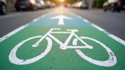 A close-up of a bicycle lane painted on a city street, with a bicycle icon and vibrant colors, highlighting the importance of safe cycling infrastructure