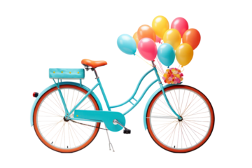 A classic city bicycle with a metal frame, featuring a bunch of vibrant balloons attached to the back, isolated on white background