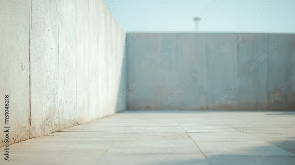 Poster a minimalist concrete space with a smooth floor and vertical walls under a clear sky.