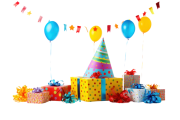 A cheerful birthday scene featuring a neatly wrapped gift box, assorted party pennants strung above, isolated on white background