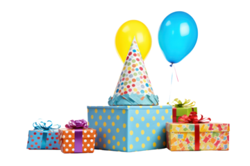 A cheerful birthday scene featuring a neatly wrapped gift box, assorted party pennants strung above, isolated on white background