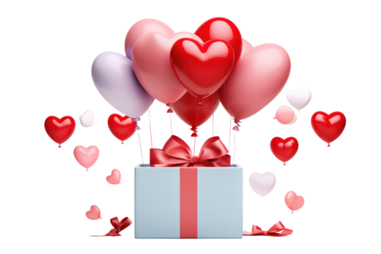 A charming gift box with a heart balloon gently floating upwards, decorated with "Happy Valentine's Day" banners. Isolated on white background