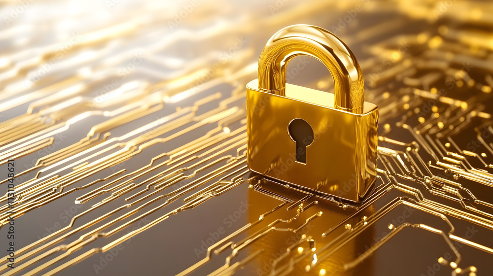 Poster cybersecurity symbol: 3d lock icon with tech background