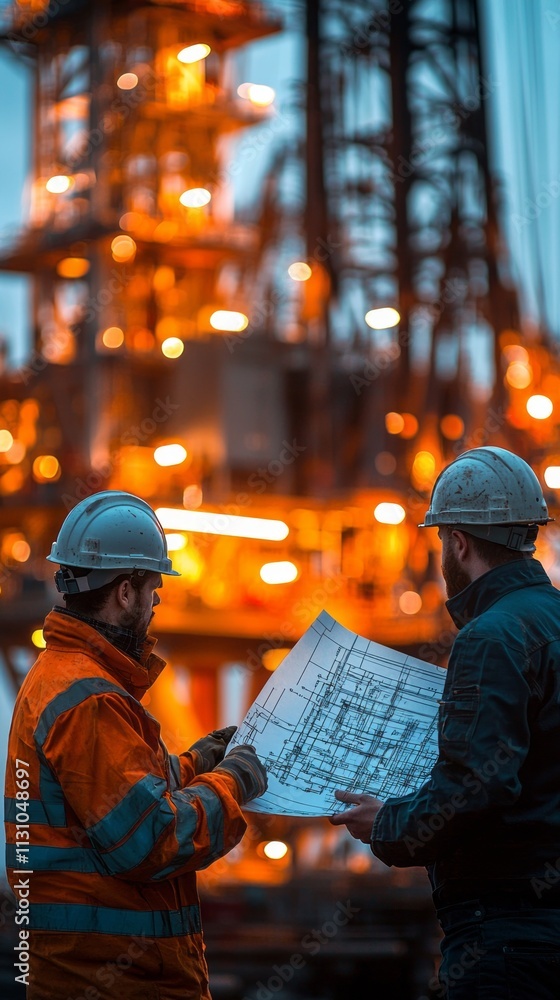 Poster two oil engineers wearing safety helmets focus intently on blueprints amidst the backdrop of a glowi
