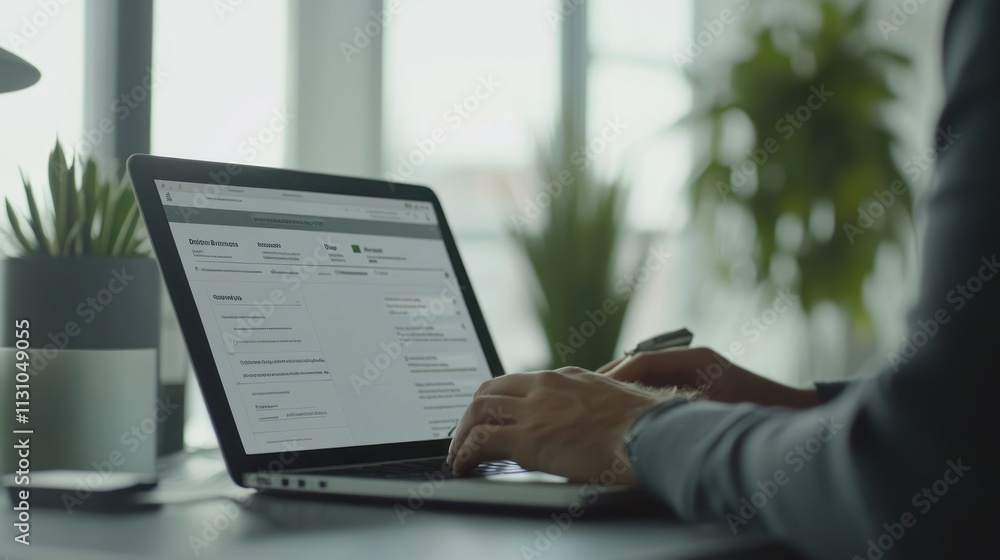 Poster a person typing on a laptop in a modern workspace with plants in the background.