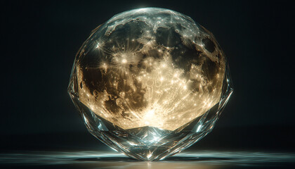 A radiant full moon trapped within a diamond-shaped glass piece, its brilliance refracted into dazzling spectra, creating a captivating visual feast