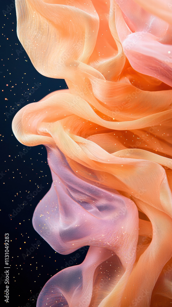 Poster ethereal fabric flows gracefully in soft hues, creating a dreamy abstract composition against a dark