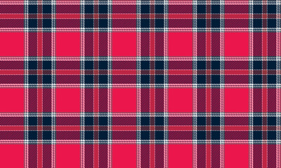 Plaid fabric pattern, pink, navy, white, bright seamless lattice cross lines pattern for textiles, and for designing clothes, skirts or decorative fabrics. Vector illustration.