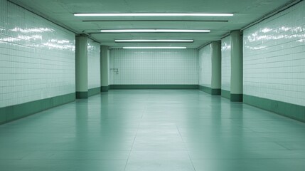 Fototapeta premium A spacious, minimalistic underground area with green and white tiled walls and flooring.