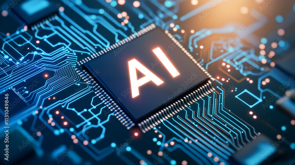 Poster ai technology on circuit board, showcasing innovation and digital advancement. intricate design high