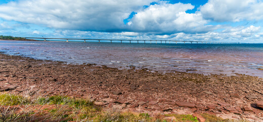 A view from the shoreline towards the Confederation bridge, Prince Edward Island, Canada in the fall