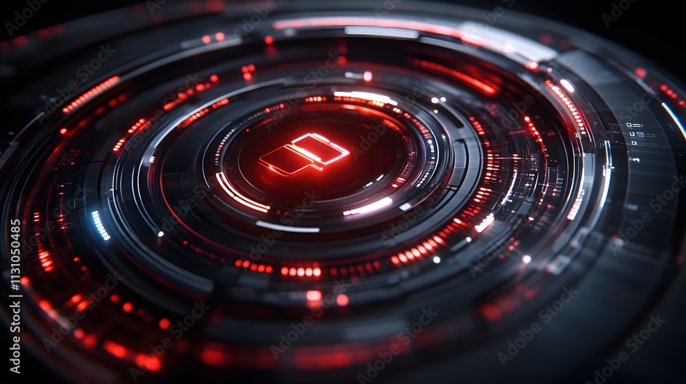 Poster red glowing square in futuristic circular tech interface.