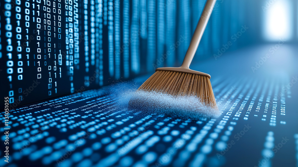 Aufkleber broom sweeping away digital dust from binary code, symbolizing data cleaning and organization. this 