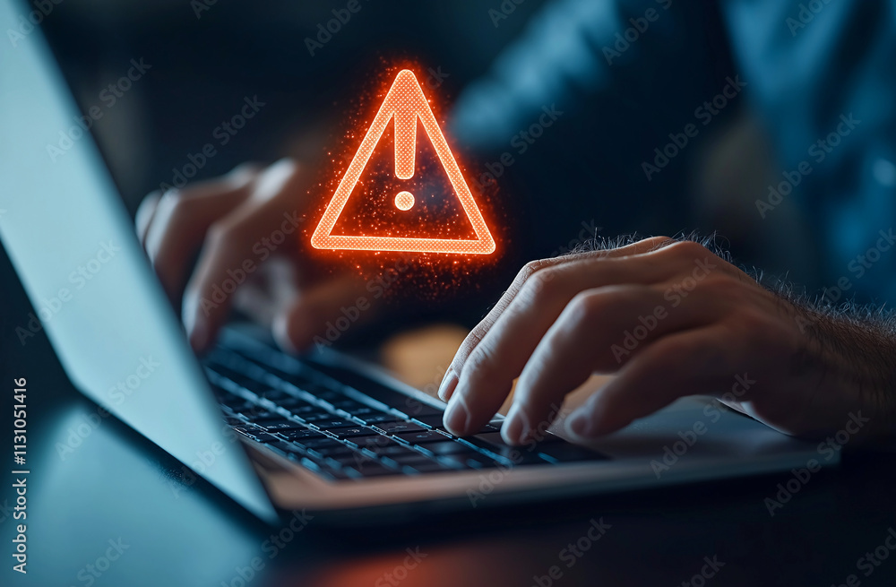 Poster businessman typing on laptop with warning symbol displayed. image conveys sense of urgency and cauti
