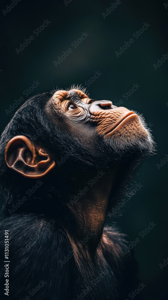 Poster a close-up of a monkey gazing upward, showcasing its expressive features.